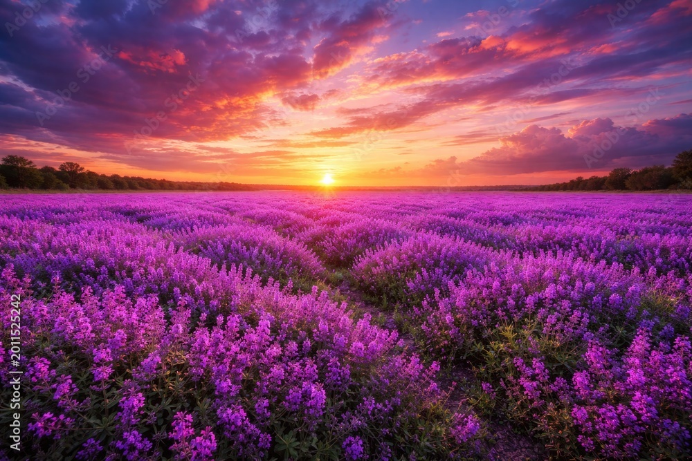 Obraz premium Vibrant purple flower carpet beneath a brilliant sunset sky offering a tranquil nature backdrop