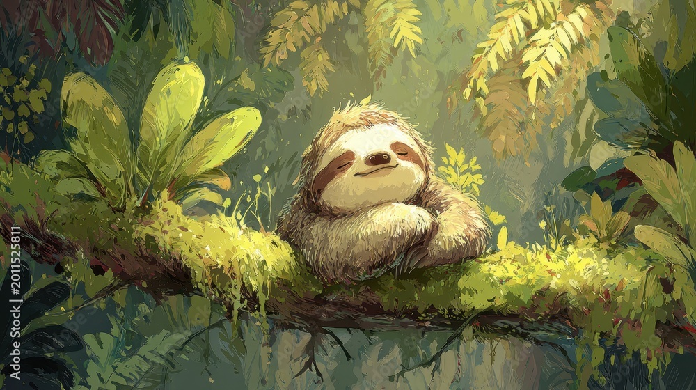 Fototapeta premium Calm lazy sloth lounging in a tropical canopy with soft watercolor textures