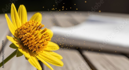 Close-up of yellow flower pollen drifting in soft sunlight as a soft white tissue rests nearby on a wooden garden table in springtime air, environment, soft, immune