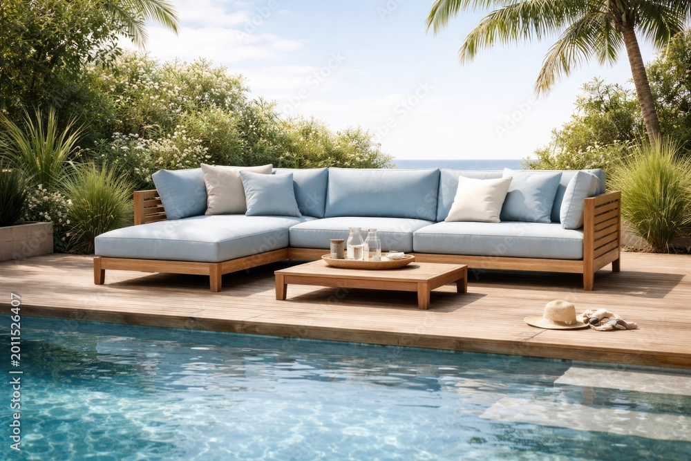 Fototapeta premium Outdoor lounge sofa with light blue cushions on wooden terrace by a clear swimming pool reflecting natural light plus copy space