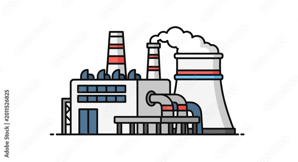 Fototapeta premium Modern industrial facility producing goods or energy with smoke from smokestacks