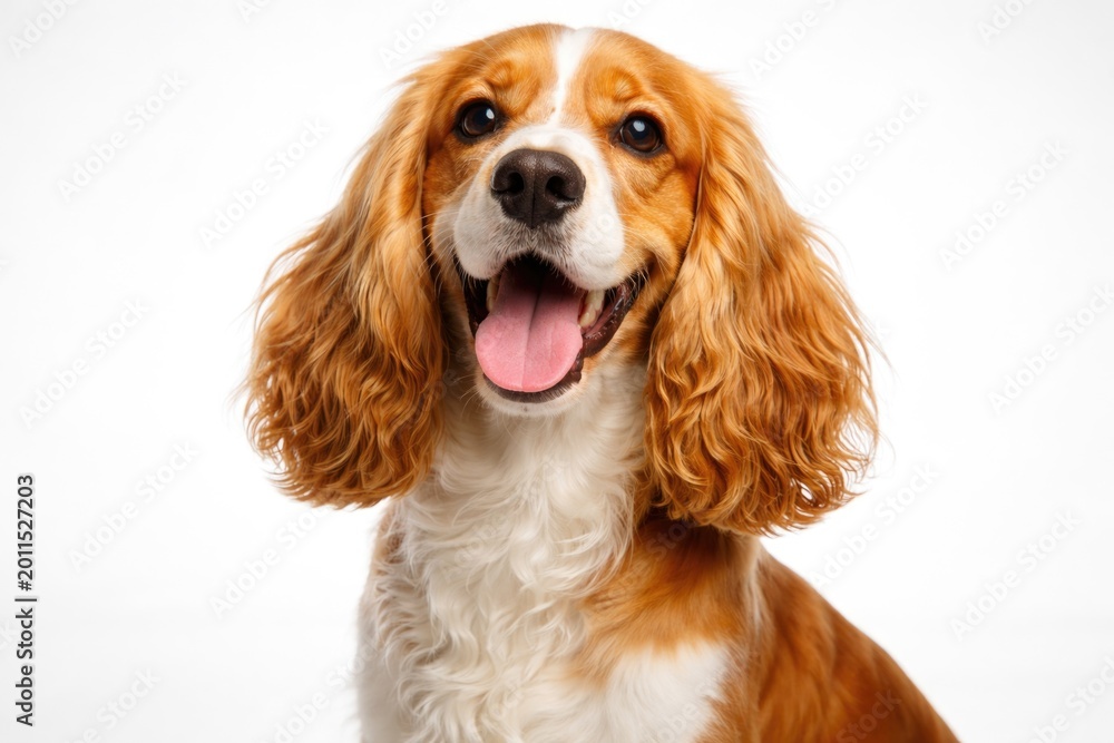 Fototapeta premium Energetic English Cocker Spaniel canine smiling on simple white photographic background