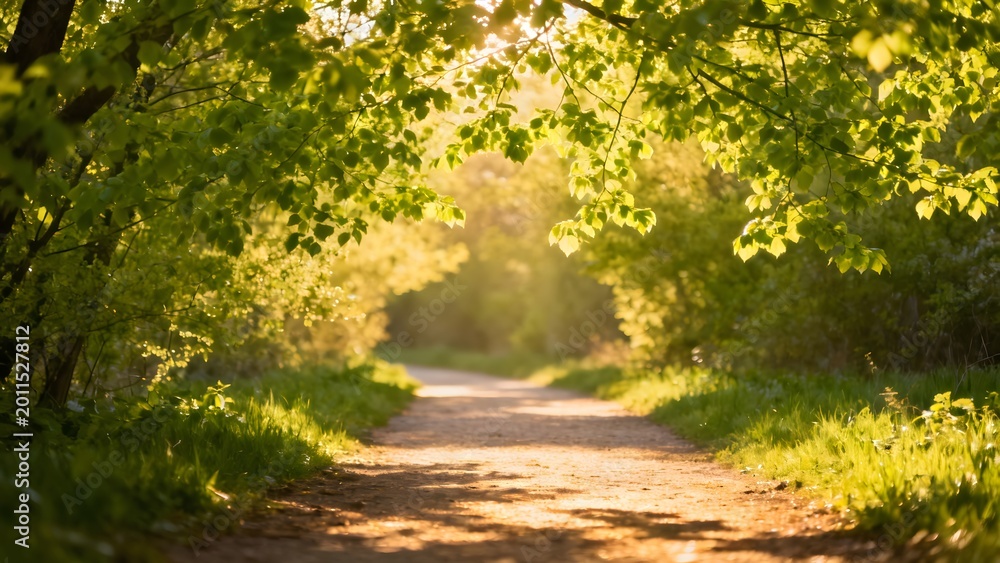 Obraz premium Peaceful sunlit forest path surrounded by lush green leaves creating warm natural fresh and relaxing atmosphere perfect for nature backgrounds and outdoor relaxation scenes