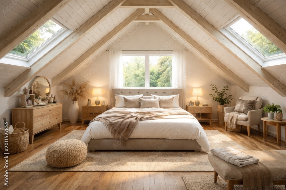 Fototapeta premium Open attic bedroom design with white walls, hardwood floors, and double bed setup