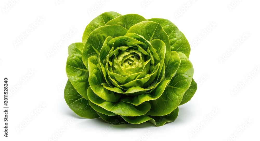 Fototapeta premium Vibrant green head of fresh organic lettuce resting on a seamless white background, featuring crisp leaves and natural soft shadows, grocery, kitchen, produce