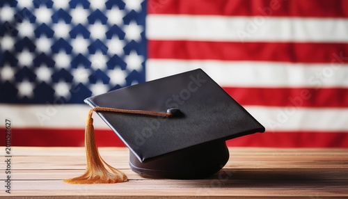 side view of Graduate Cap on wooden table; blurred usa flag background