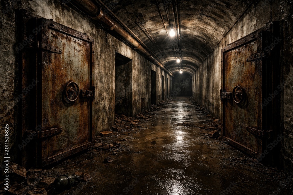 Obraz premium Empty military bunker with rusted doors and cracked concrete