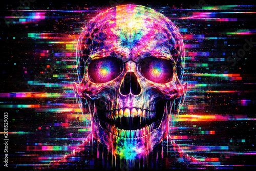 Trippy abstract skull rendered in pixel art with vivid psychedelic colors and VHS glitch patterns