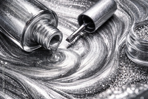 Metallic silver shimmering nail polish texture with makeup product composition background