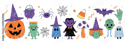 Tablou pe pânză Cute halloween characters set including jack o lantern pumpkin ghost and vampire with mummy frankenstein monster and spider hand drawn black and white vector illustration for kids party
