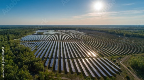 Drone shot of a large-scale solar installation from above, reflective panel surfaces and a clean energy landscape