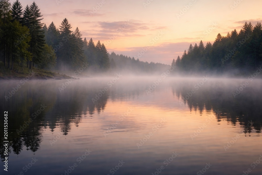 Fototapeta premium Calm water surface covered in mist at dawn near forested land