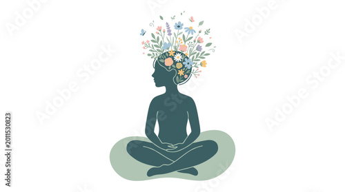 Serene silhouette of a person meditating with a floral mind, symbolizing inner peace and mental clarity. 