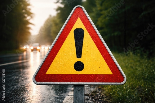 Zoomed image showing a hazard emblem with exclamation mark indicating danger ahead for drivers