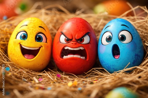Colorful eggs featuring distinct expressions of happiness, anger, and surprise