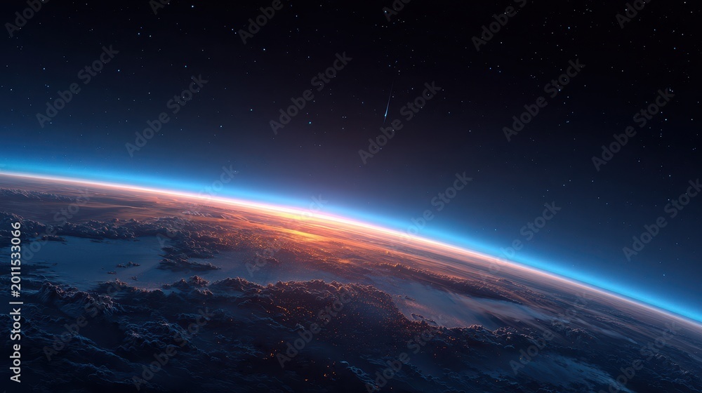 Obraz premium Blue Sunrise Over the Earth Horizon: Celestial View from Space