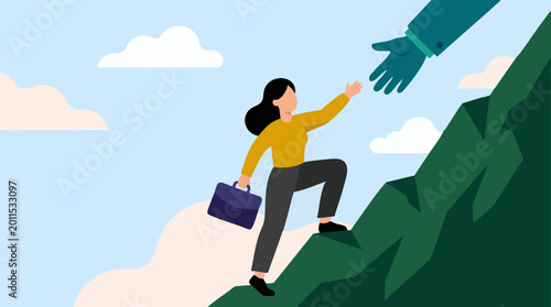 Fotografie Businesswoman climbing mountain receiving helping hand, career support concept