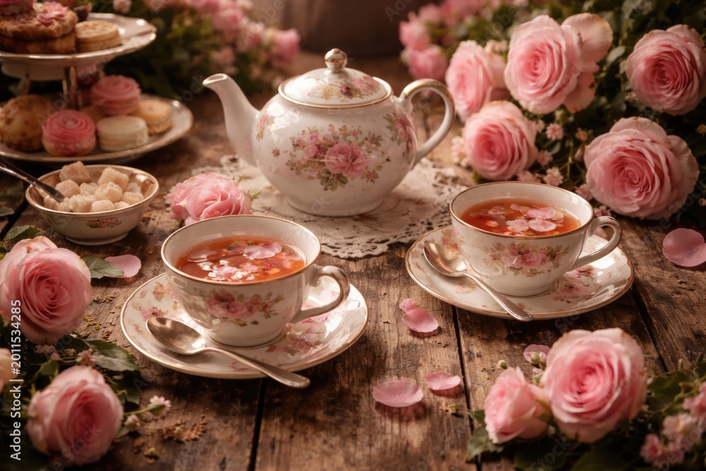 Fototapeta premium Tea time featuring roses and rustic wooden tabletop