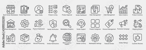Online Marketplace Management and Vendor Platform Line Icon Set: Vector pictograms of 
Multi-Vendor Marketplace, Vendor Registration, Seller Profile, Product Listing, Promotion Campaign, and more.