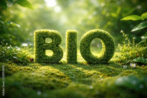 Nature bio concept on a green textured surface with subtle bokeh blur