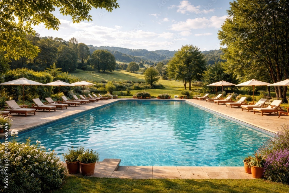 Obraz premium Outdoor swimming area with large pool in a quiet countryside