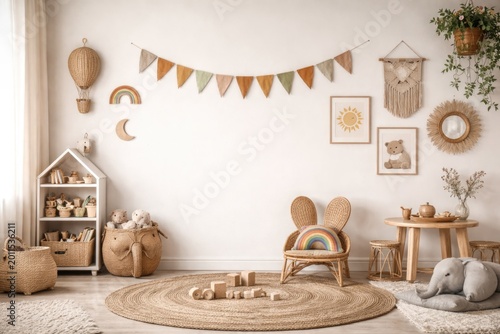 Whimsical childrens room wall mockup featuring Scandinavian and boho design elements rendering