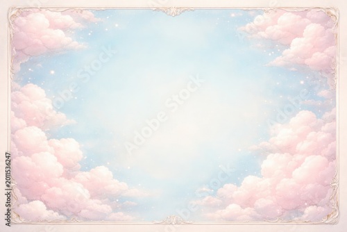 Soft pastel light blue background framed by a vintage white border decorated with whimsical pink clouds and copy space