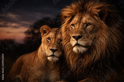 Powerful lion pair close-up featuring golden manes and spacious text area on a dim twilight background