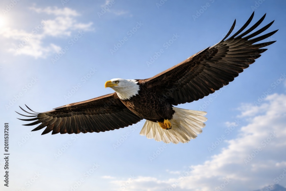 Obraz premium majestic bald eagle cruising through clear sky with broad wings