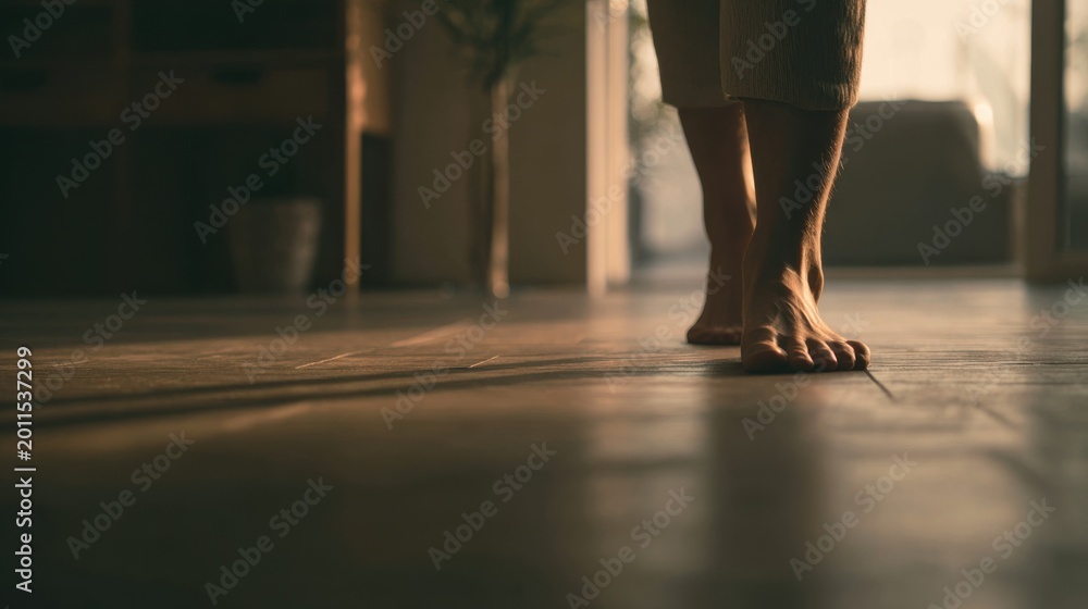 Fototapeta premium Barefoot person walking towards light, focus on feet and indoor background. Capturing the simplicity of a home setting, and the feelings of peace and tranquility