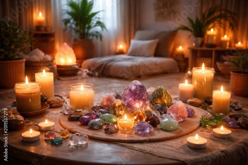 Calming therapy environment with scented candles and colorful crystals