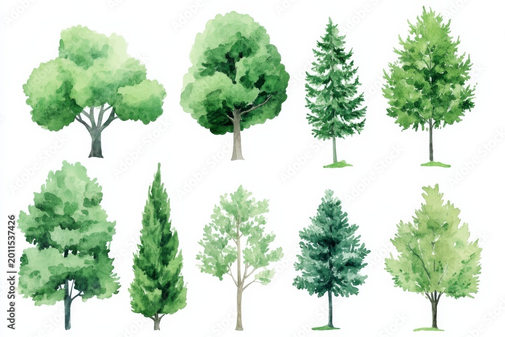 Fototapeta premium Different types of trees in various shapes and sizes featuring shades of green