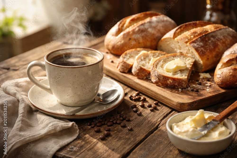 Fototapeta premium Morning scene of hot coffee and fresh bakery bread on rustic wood