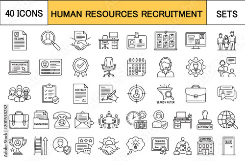 Canvas Print HUMAN RESOURCES RECRUITMENT Icons Set Pack, Editable Line Vector Stroke Illustrations