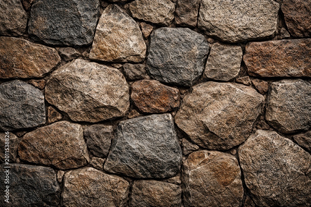 Fototapeta premium Rough stone wall background with big stone elements arranged randomly