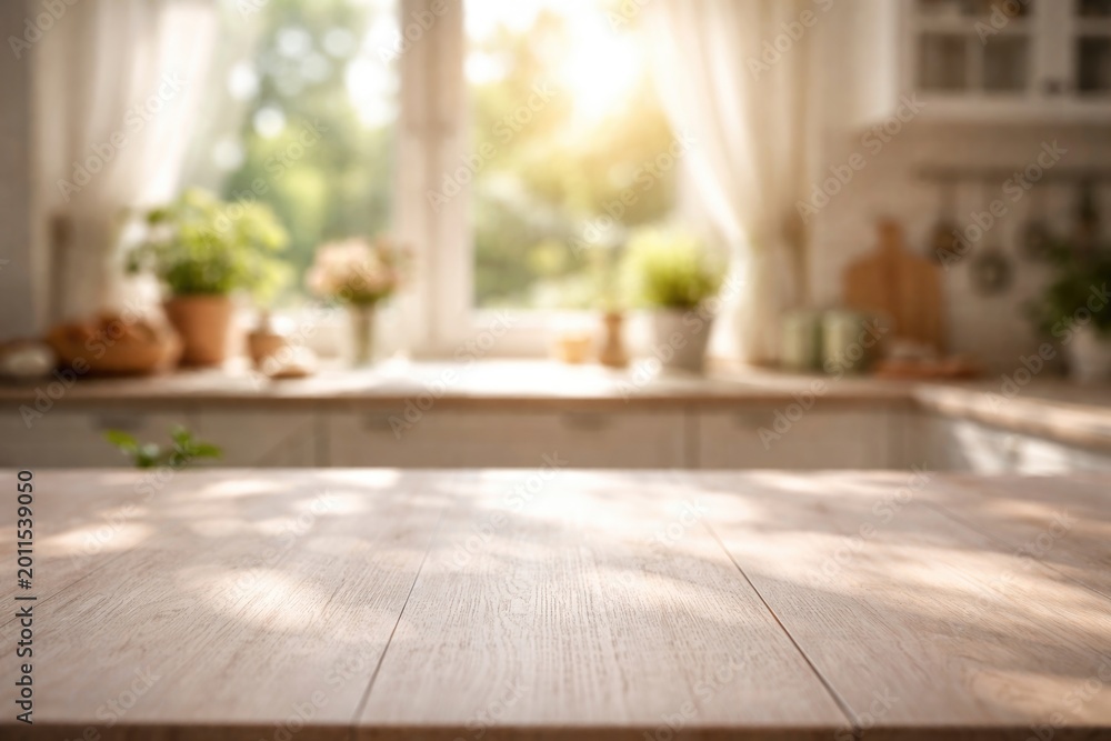 Fototapeta premium Sunlit kitchen window background softly blurred with bleached wood table