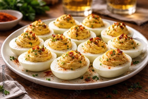 Plate filled with creamy deviled eggs set on a kitchen table in close detail