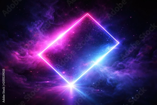 Luminous quadrilateral in ultraviolet spectrum glowing with pink and blue lights in a smoky space backdrop