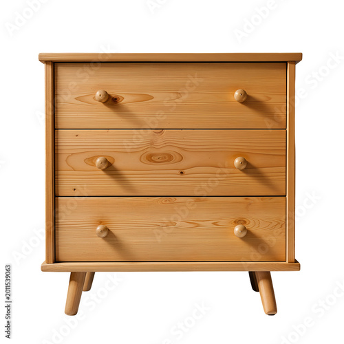 Clean minimalist wooden chest of three drawers with round knobs and tapered legs isolated on transparent background.