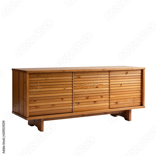Natural wood sideboard with horizontal slatted front and minimalist design isolated on transparent background.
