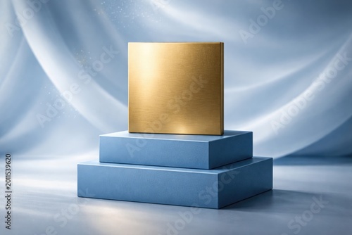 Product presentation using blue cube podium and metallic gold square on soft blue abstract background