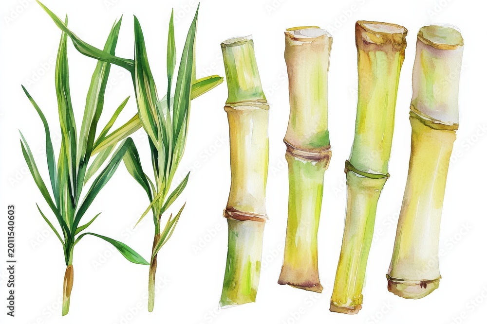 Fototapeta premium Fresh sugarcane stalks and leaves arranged on a plain background in a simple display for agricultural art
