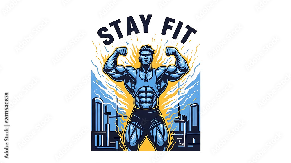 Fototapeta premium Muscular bodybuilder posing with stay fit text for gym and fitness motivation