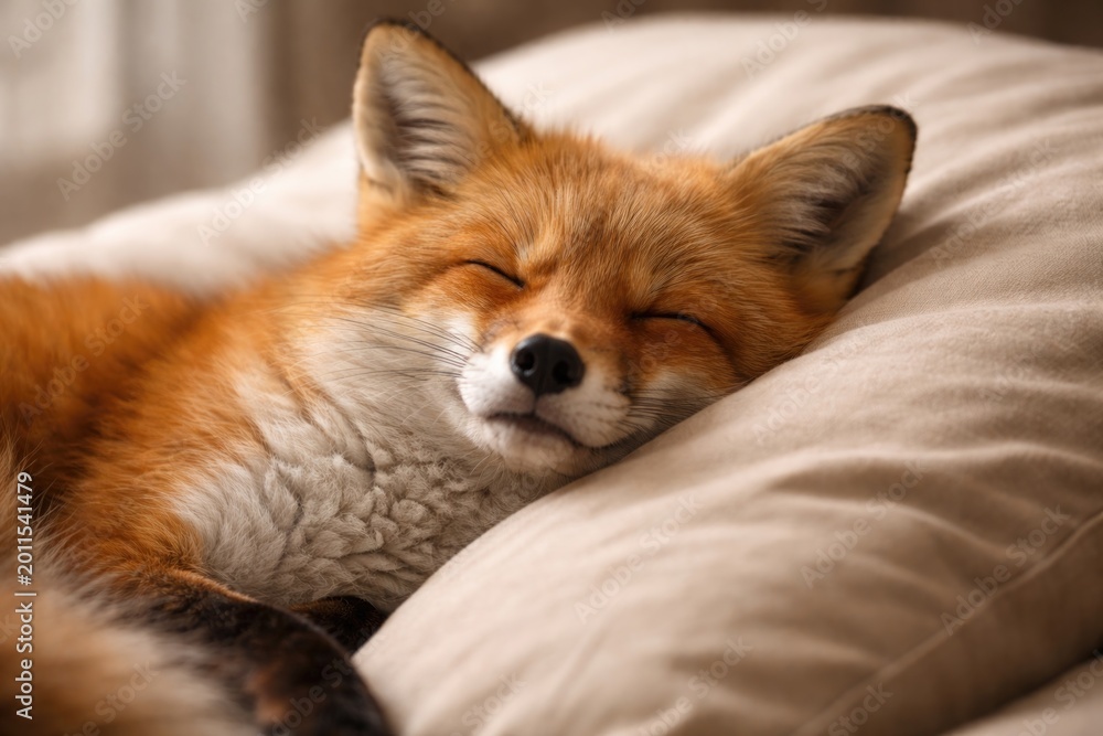 Naklejka premium peaceful fox pet enjoying a nap on a gentle pillow texture