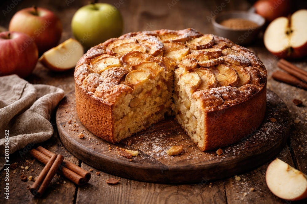 Fototapeta premium Homemade rustic apple cake moist and fluffy with copyspace for text