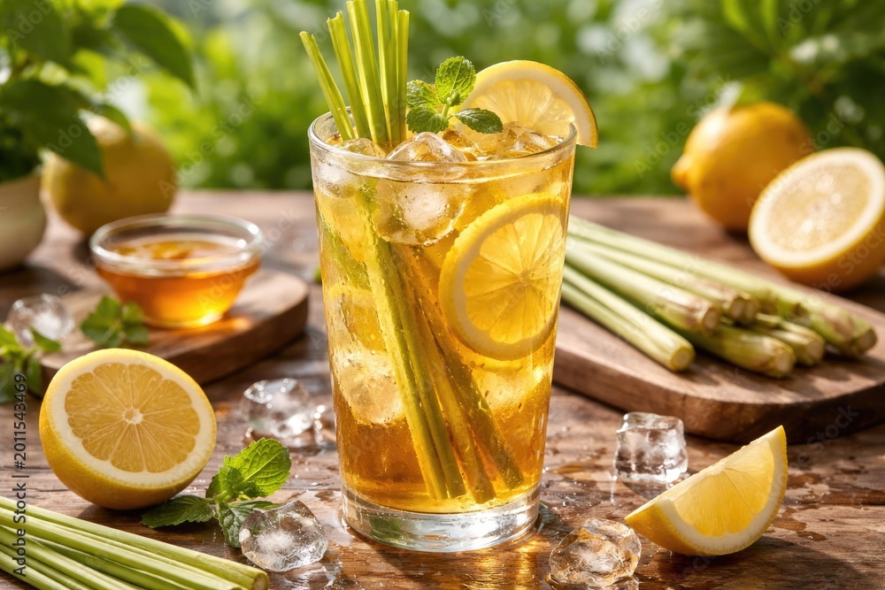 Fototapeta premium Lemongrass flavored iced tea chilled to perfection with fresh lemon