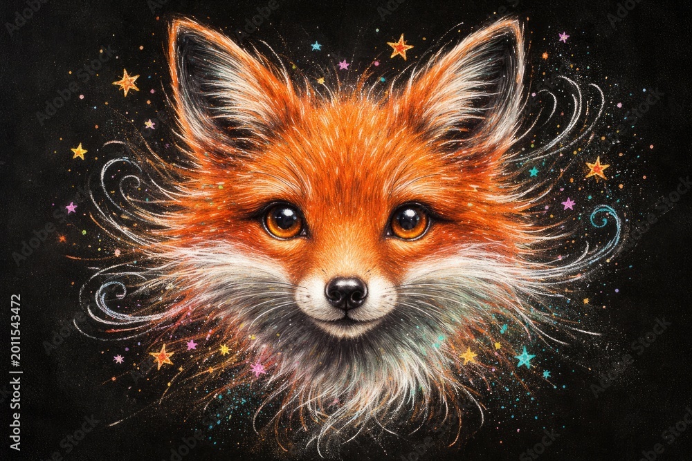 Obraz premium Whimsical fox face chalk drawing on a solid black canvas