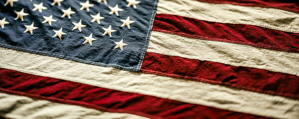 Panorama of Vintage USA Flag with Embroidered Stars on Textured Cotton