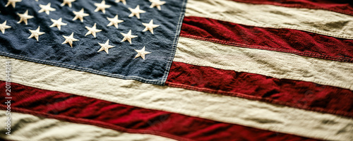 Panorama of Vintage USA Flag with Embroidered Stars on Textured Cotton