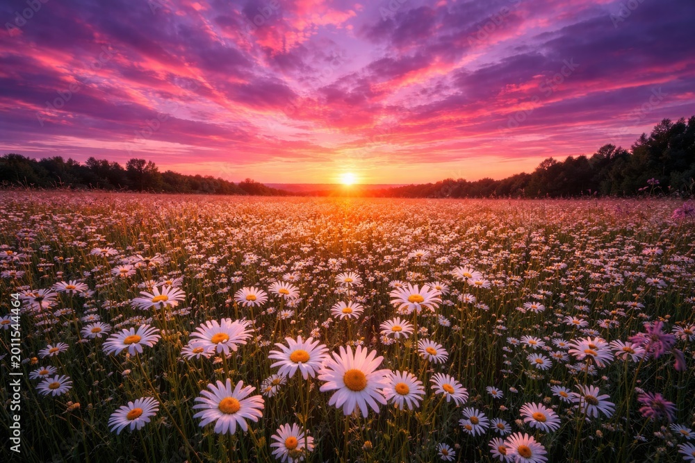 Fototapeta premium Sunset hour in a daisy-covered meadow featuring a colorful sky with pink and violet tones